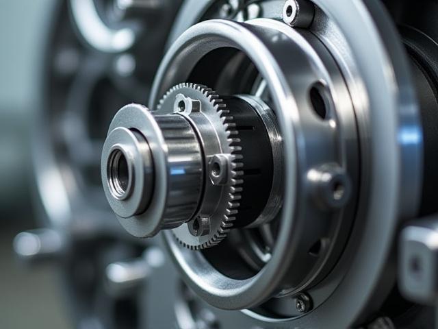 Pièce mécanique de précision en acier poli, avec des engrenages complexes and une finition impeccable.